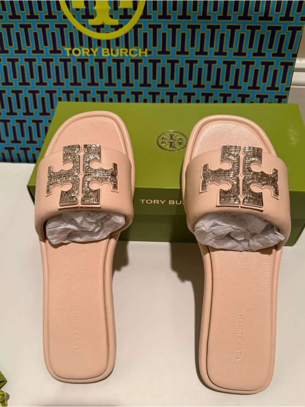 Tory Burch Shell Pink Double T Deco Sport Slide Sandals